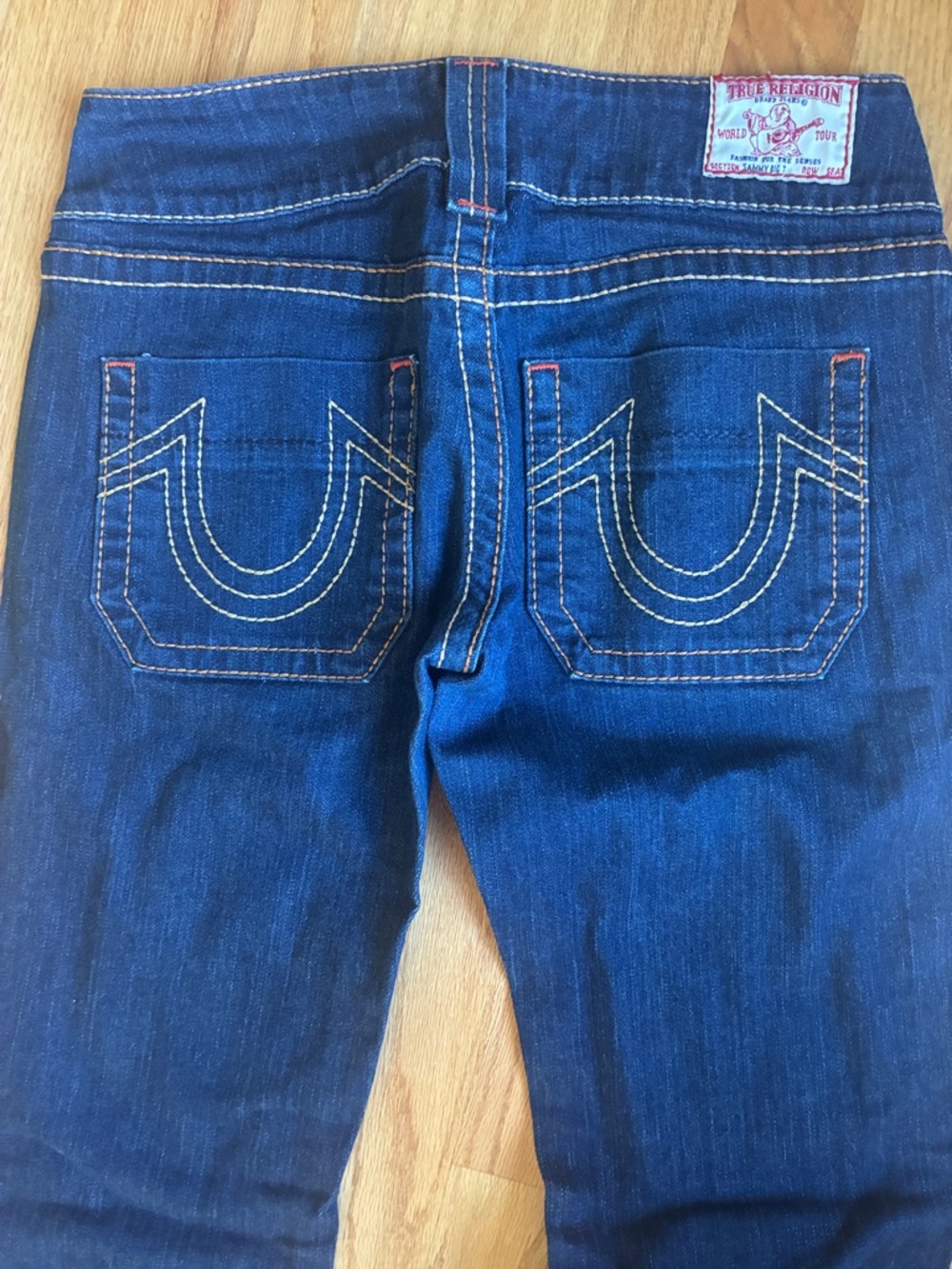 Vintage True Religion Indigo Blue Back Pocket flare Jeans with Contrast Stitch